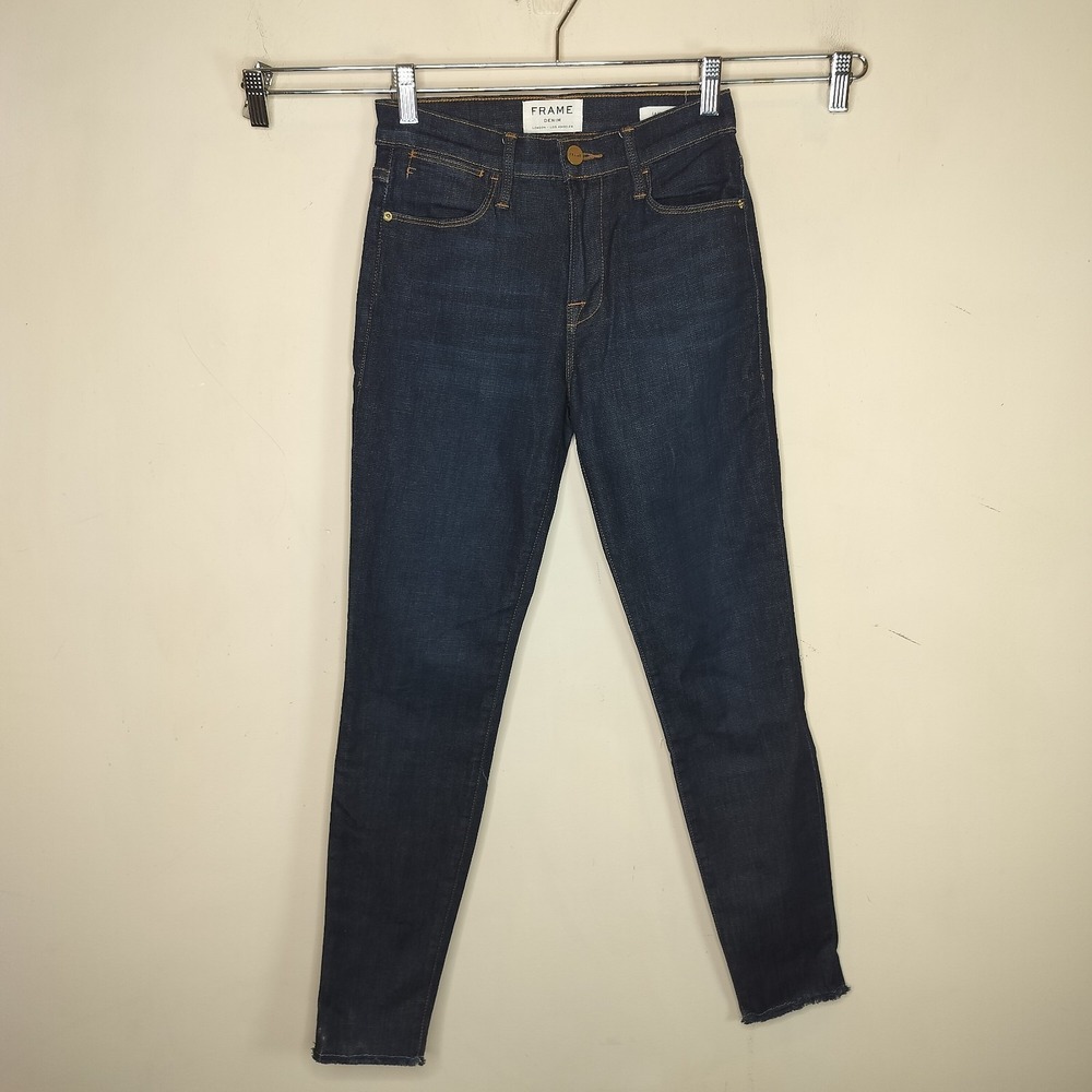 FRAME Le High Skinny Jeans Fray Hem Stretch Dark Wash Saltair